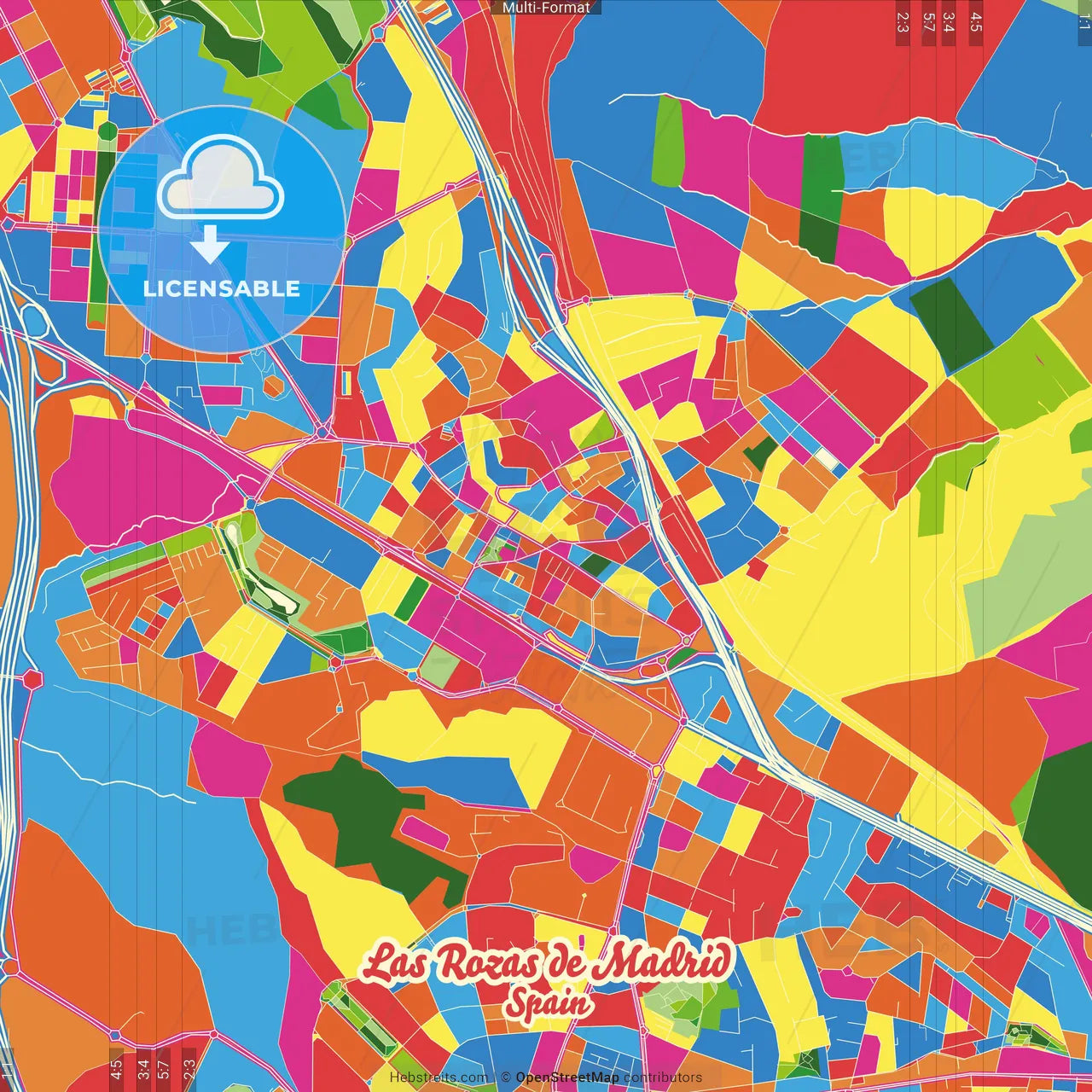 Las Rozas de Madrid, Madrid, Spain Crazy Colorful Street Map Poster Template