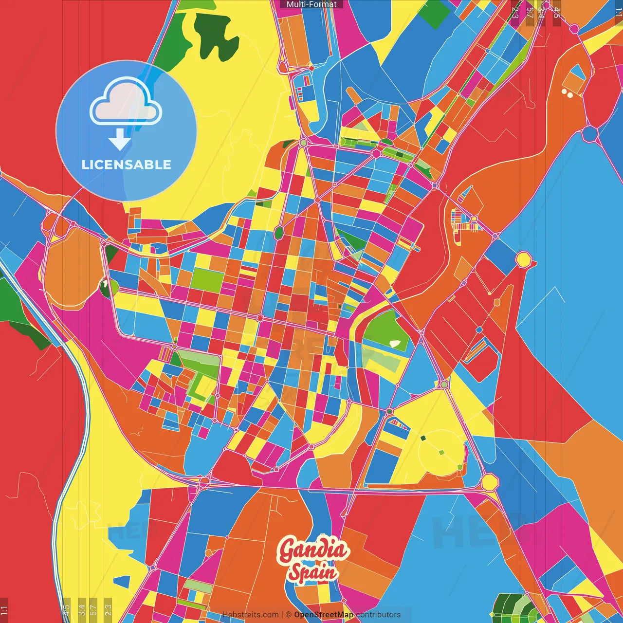Gandia, Valencia, Spain Crazy Colorful Street Map Poster Template