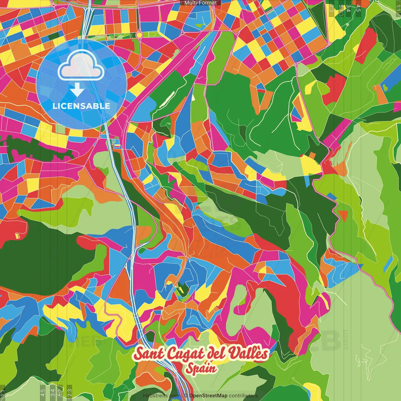 Sant Cugat del Vallès, Barcelona, Spain Crazy Colorful Street Map Poster Template