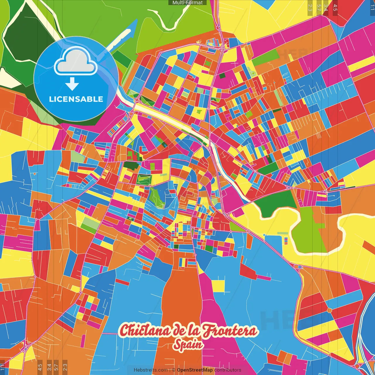 Chiclana de la Frontera, Cádiz, Spain Crazy Colorful Street Map Poster Template