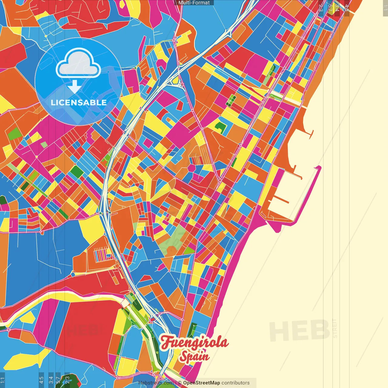 Fuengirola, Málaga, Spain Crazy Colorful Street Map Poster Template
