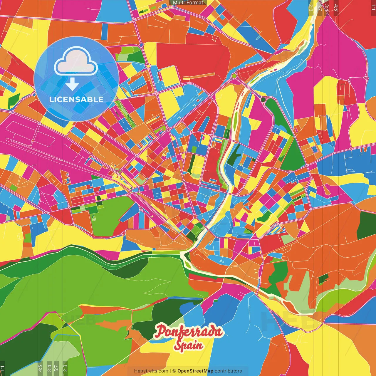 Ponferrada, León, Spain Crazy Colorful Street Map Poster Template