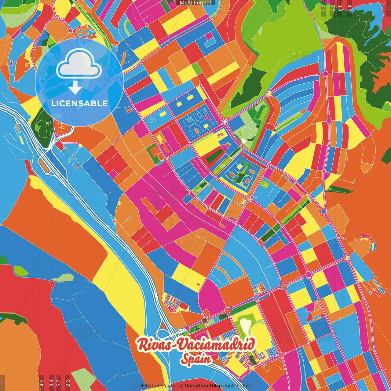 Rivas-Vaciamadrid, Madrid, Spain Crazy Colorful Street Map Poster Template