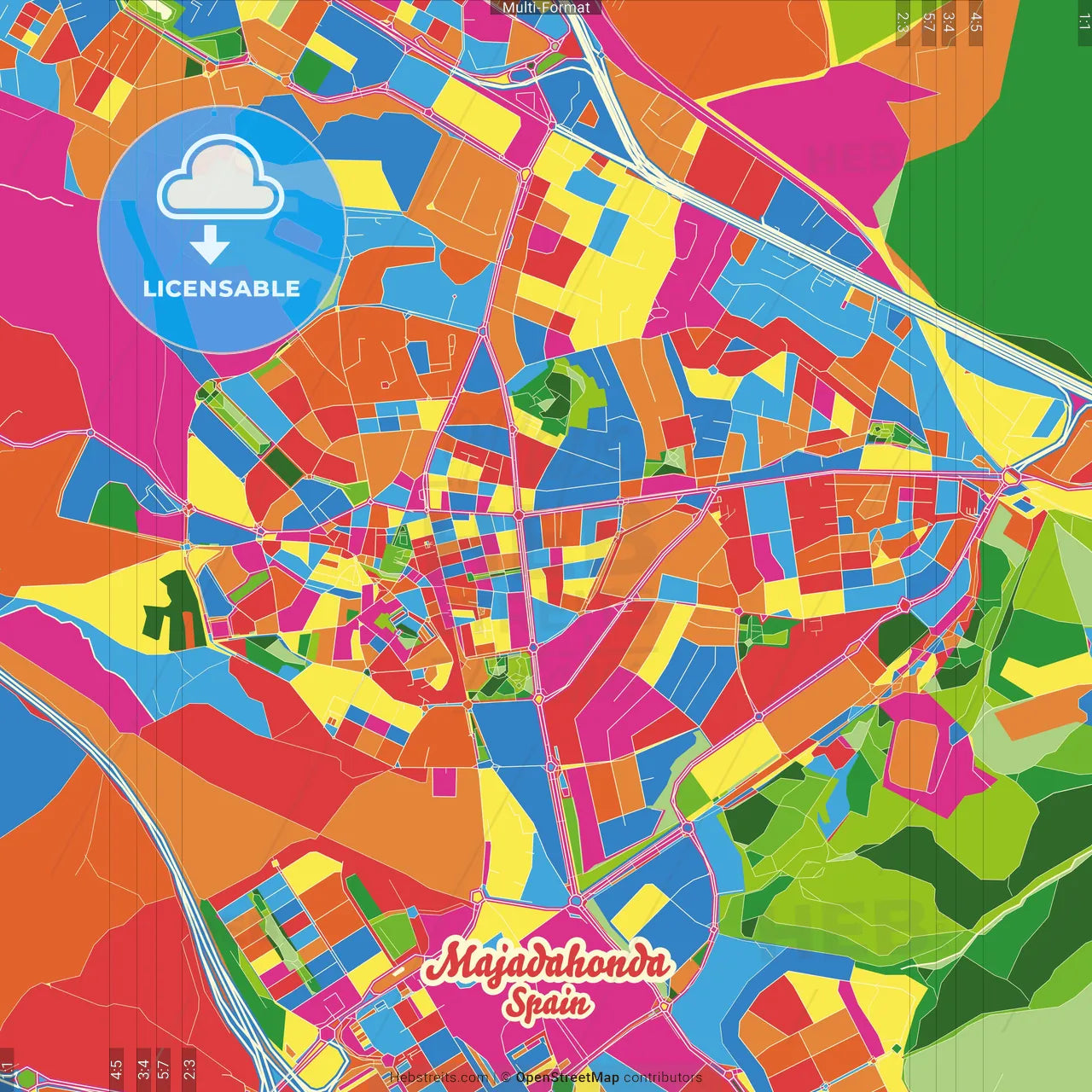 Majadahonda, Madrid, Spain Crazy Colorful Street Map Poster Template