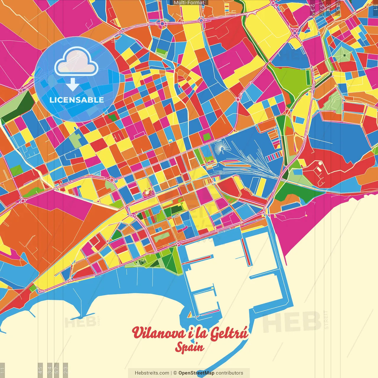 Vilanova i la Geltrú, Barcelona, Spain Crazy Colorful Street Map Poster Template