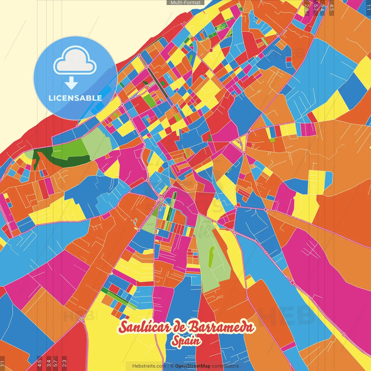 Sanlúcar de Barrameda, Cádiz, Spain Crazy Colorful Street Map Poster Template