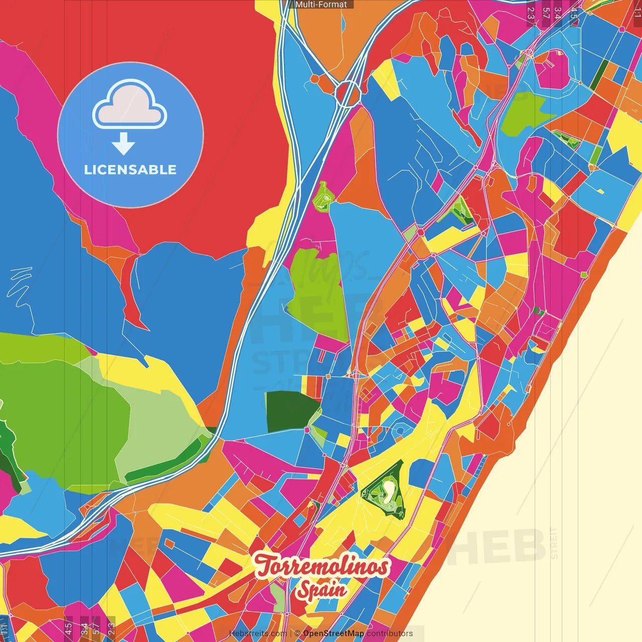 Torremolinos, Málaga, Spain Crazy Colorful Street Map Poster Template
