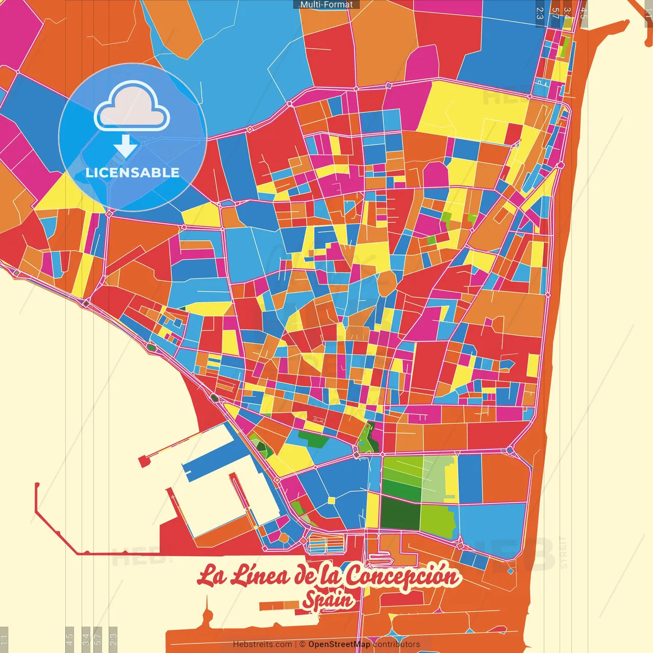 La Línea de la Concepción, Cádiz, Spain Crazy Colorful Street Map Poster Template