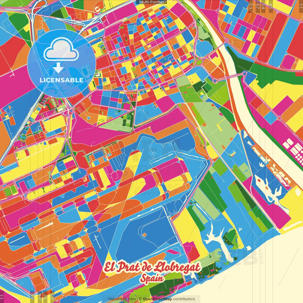 El Prat de Llobregat, Barcelona, Spain Crazy Colorful Street Map Poster Template