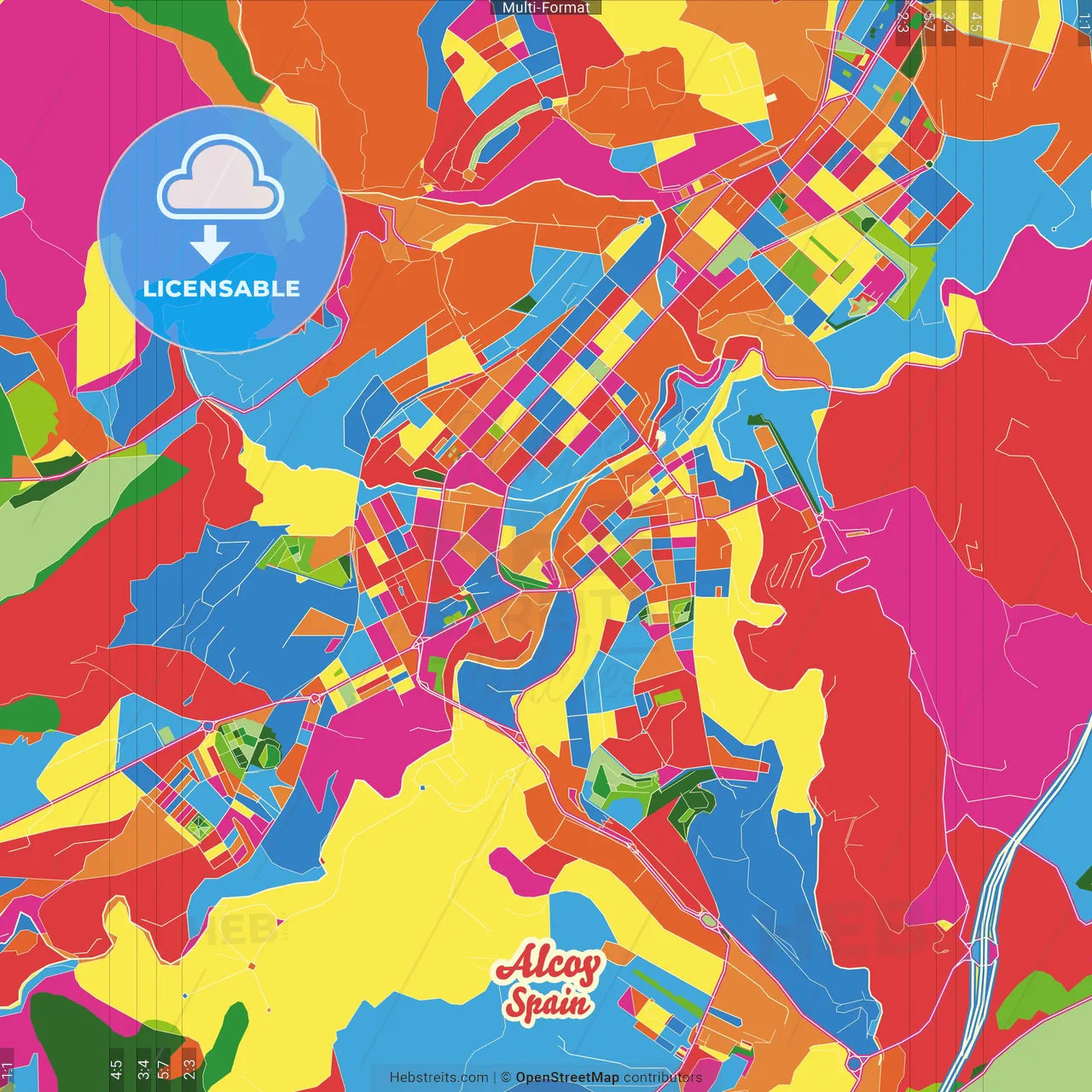 Alcoy, Alicante, Spain Crazy Colorful Street Map Poster Template