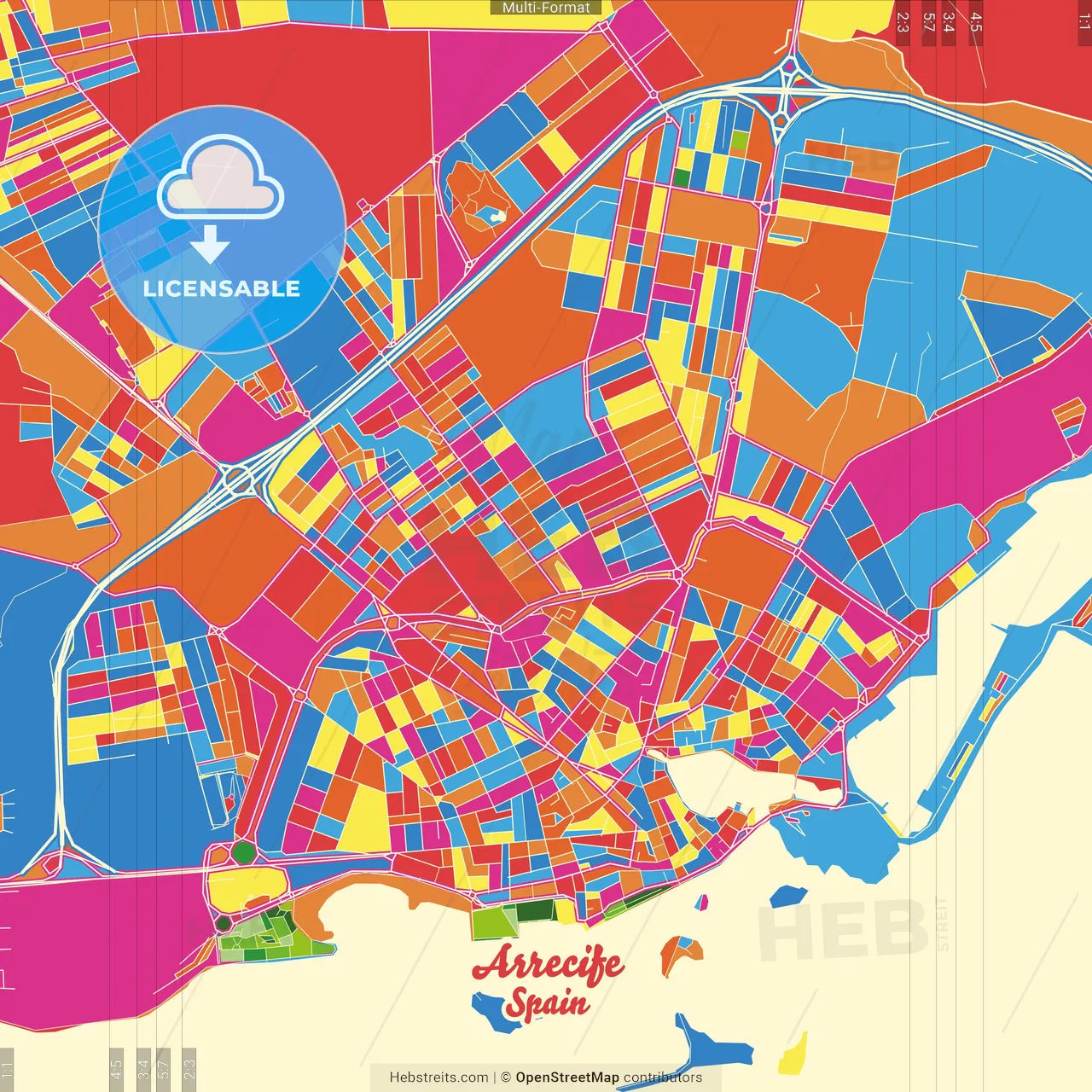Arrecife, Las Palmas, Spain Crazy Colorful Street Map Poster Template