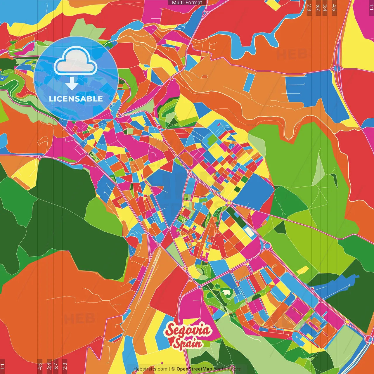 Segovia, Spain Crazy Colorful Street Map Poster Template