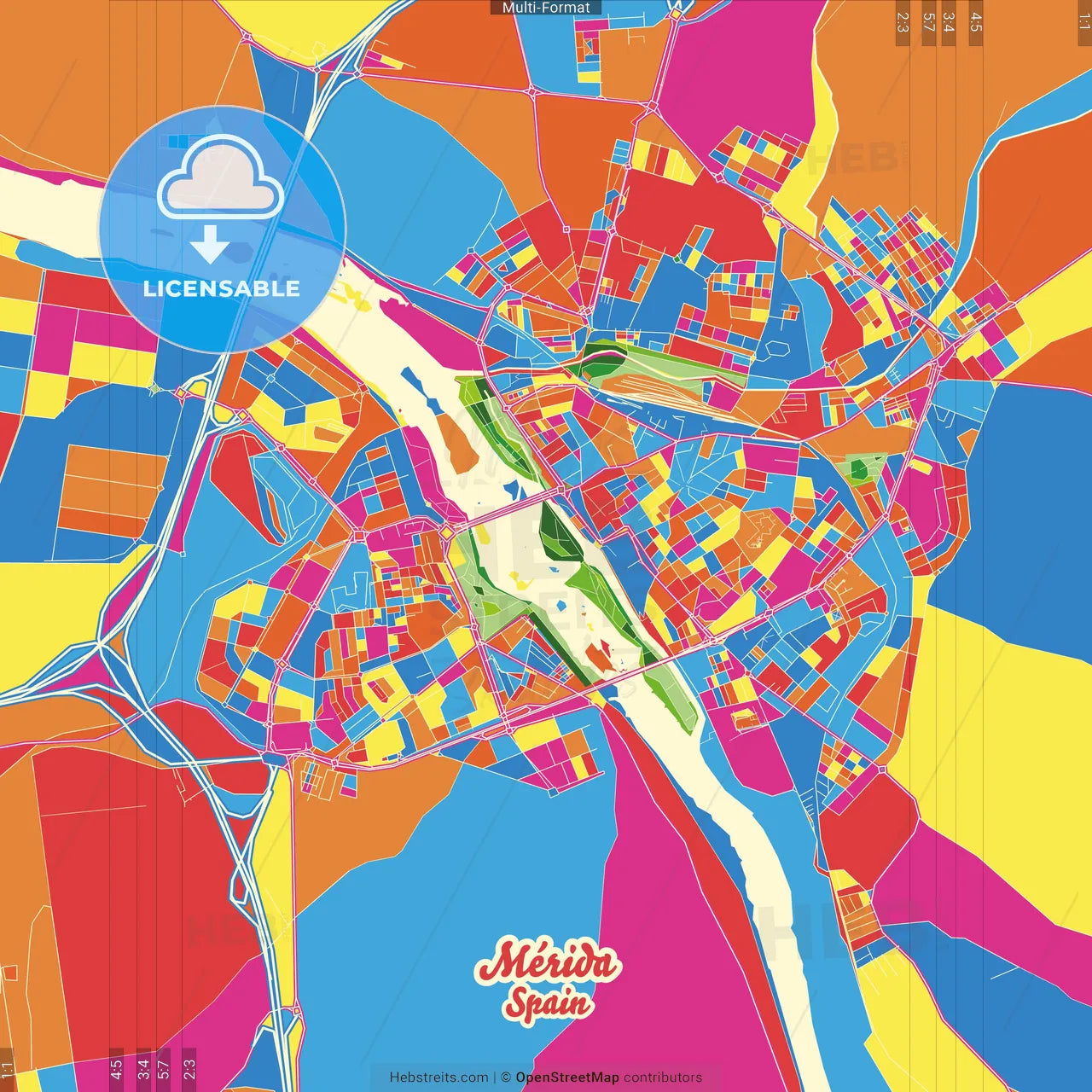 Mérida, 6800, Spain Crazy Colorful Street Map Poster Template