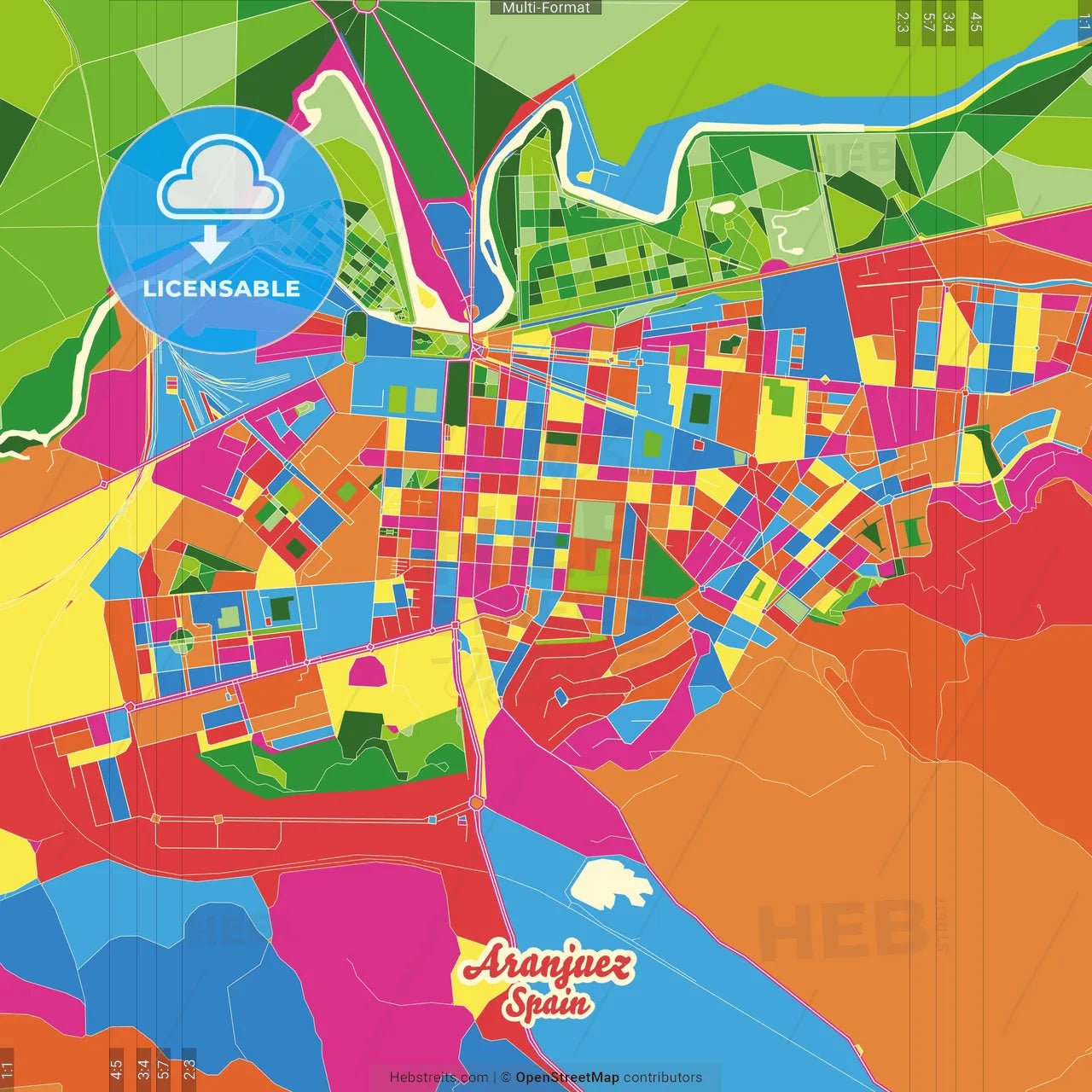 Aranjuez, Madrid, Spain Crazy Colorful Street Map Poster Template