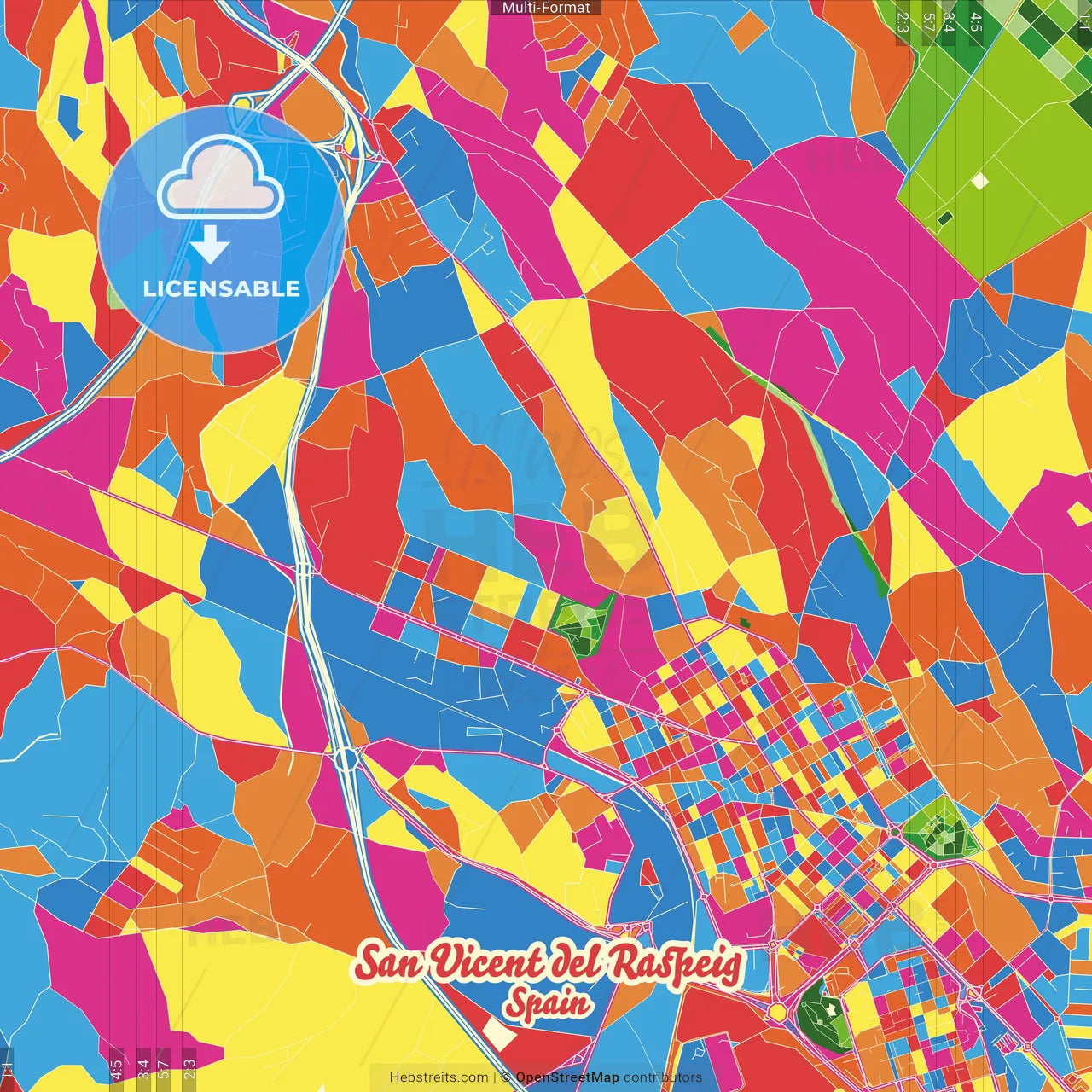 San Vicent del Raspeig, Alicante, Spain Crazy Colorful Street Map Poster Template