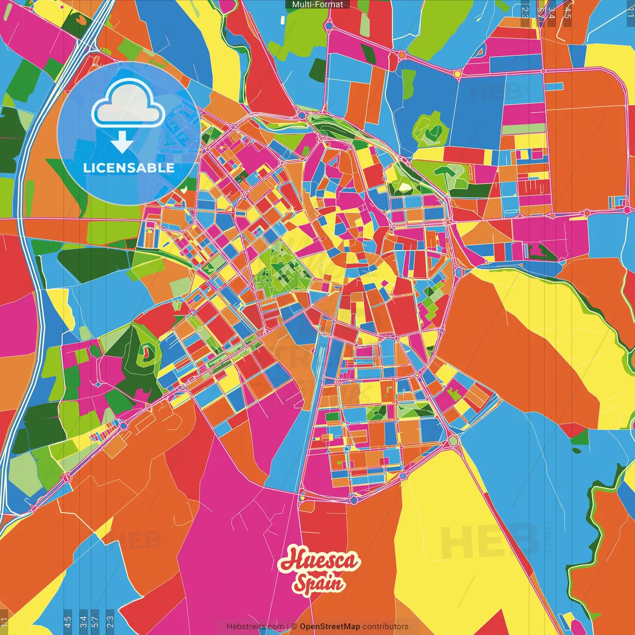 Huesca, Spain Crazy Colorful Street Map Poster Template