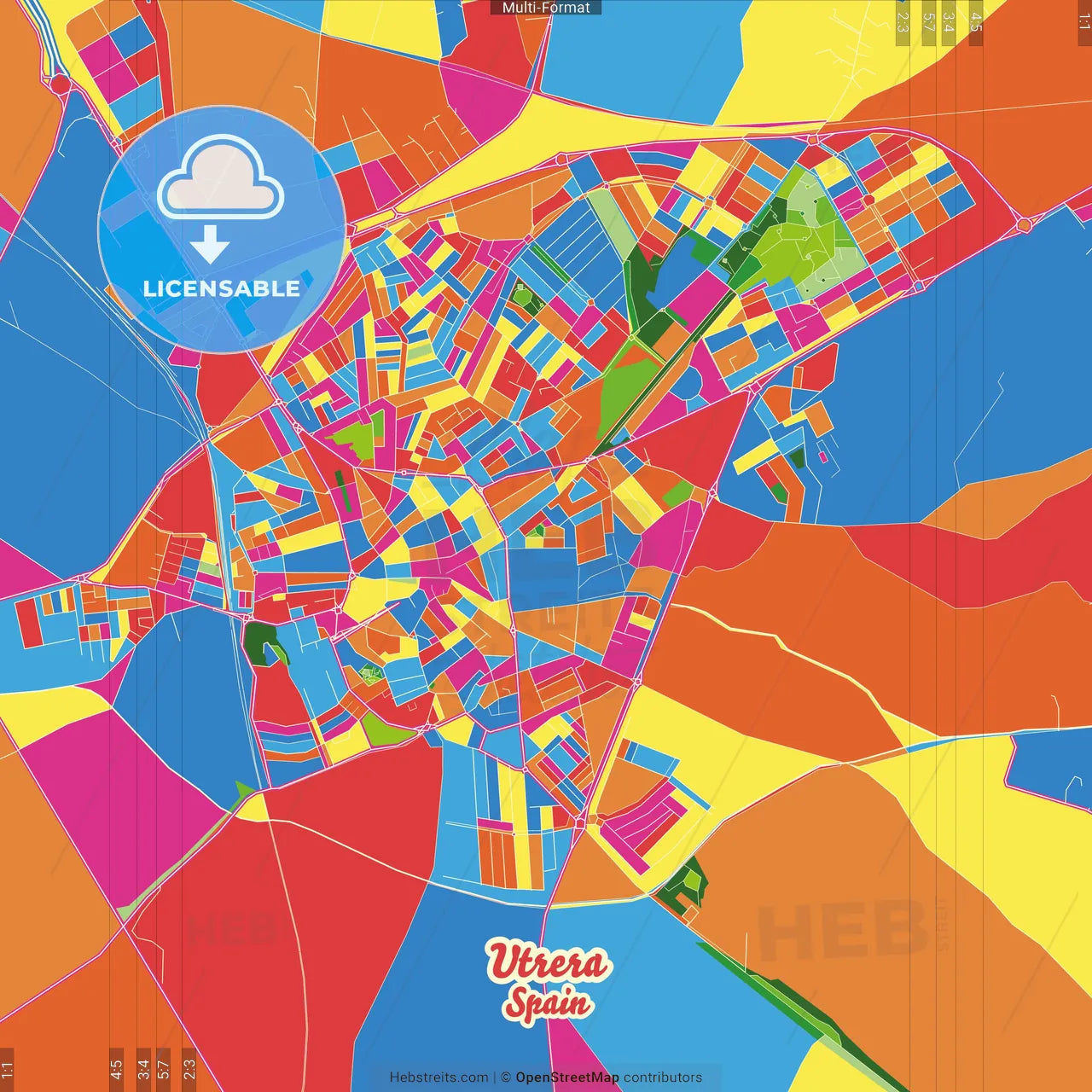 Utrera, Seville, Spain Crazy Colorful Street Map Poster Template