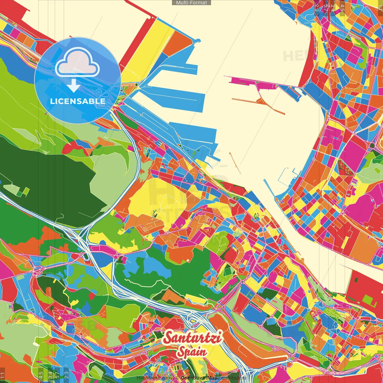 Santurtzi, Biscay, Spain Crazy Colorful Street Map Poster Template