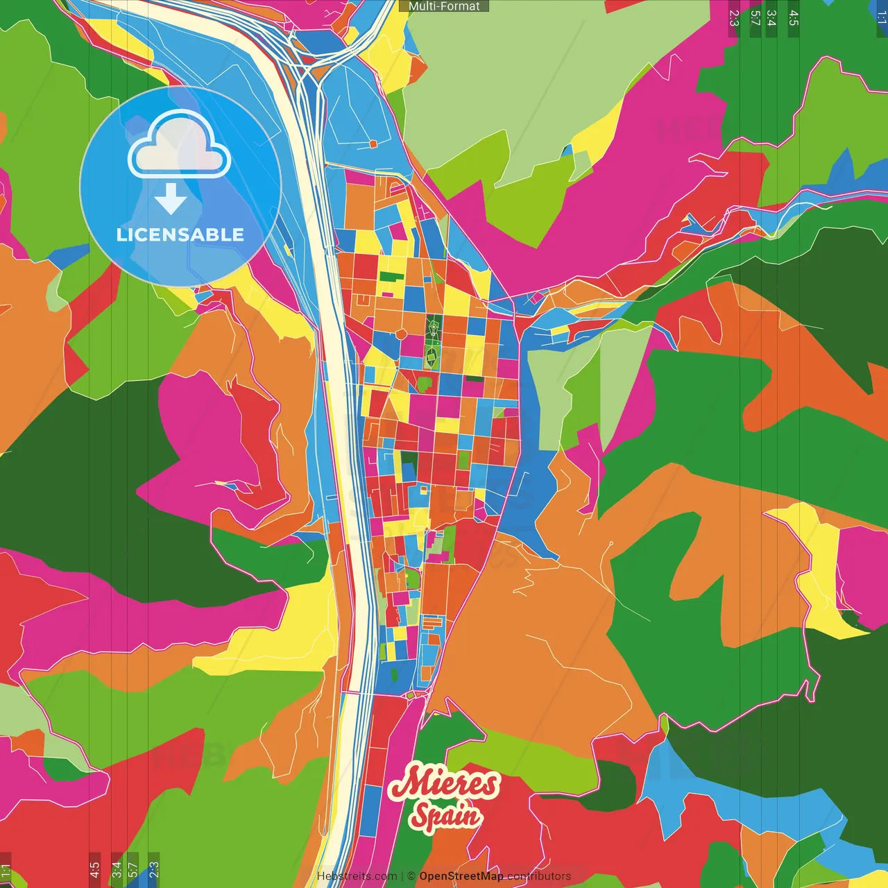 Mieres, Asturias, Spain Crazy Colorful Street Map Poster Template