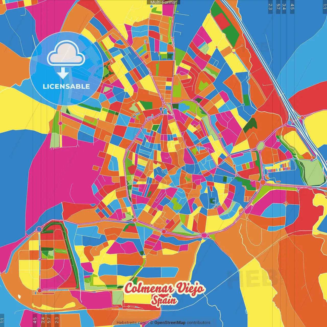 Colmenar Viejo, Madrid, Spain Crazy Colorful Street Map Poster Template