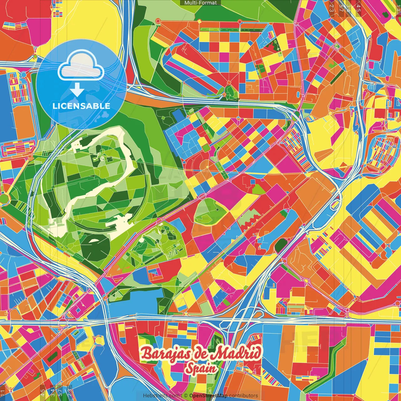 Barajas de Madrid, 28042 Madrid, Spain Crazy Colorful Street Map Poster Template