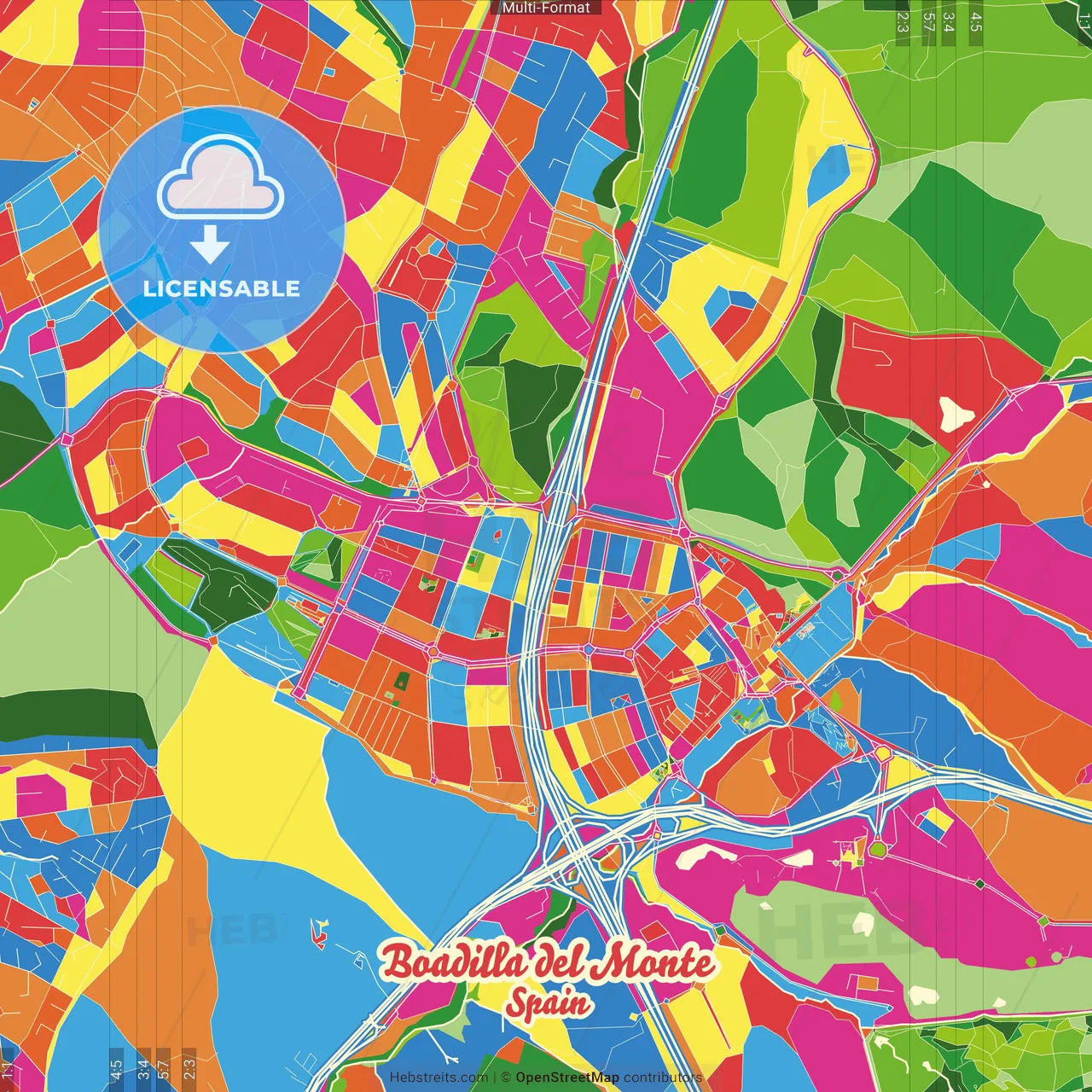 Boadilla del Monte, Madrid, Spain Crazy Colorful Street Map Poster Template