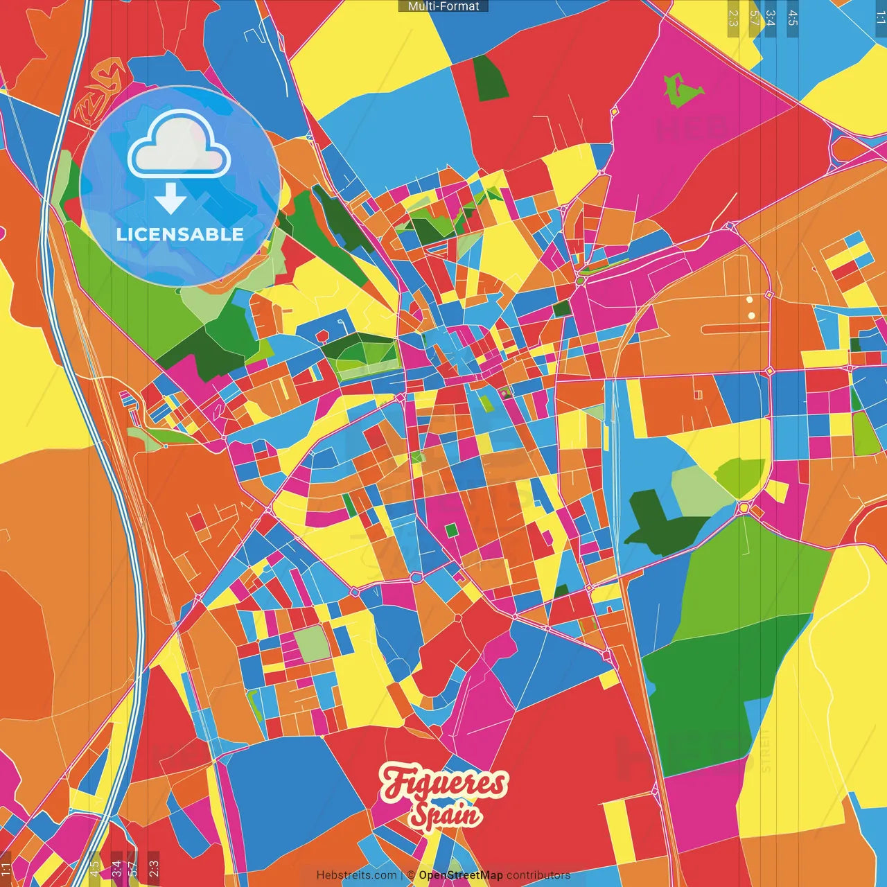 Figueres, Girona, Spain Crazy Colorful Street Map Poster Template
