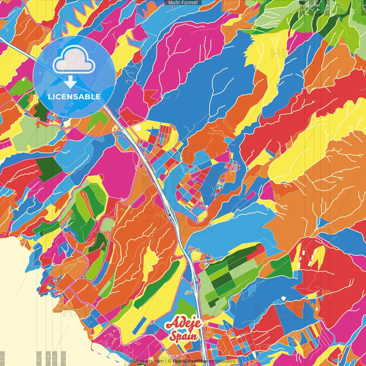 Adeje, Santa Cruz de Tenerife, Spain Crazy Colorful Street Map Poster Template