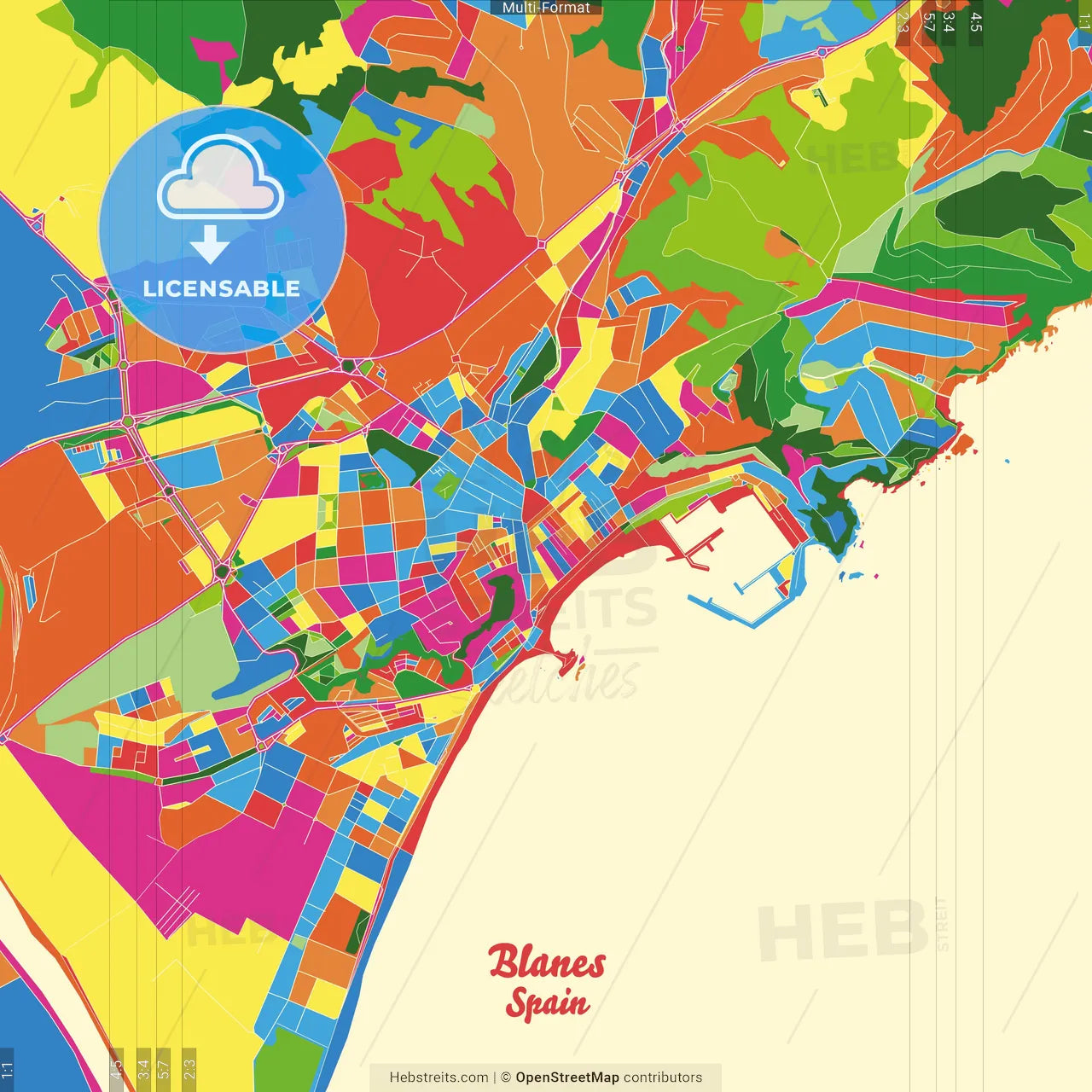 Blanes, Girona, Spain Crazy Colorful Street Map Poster Template