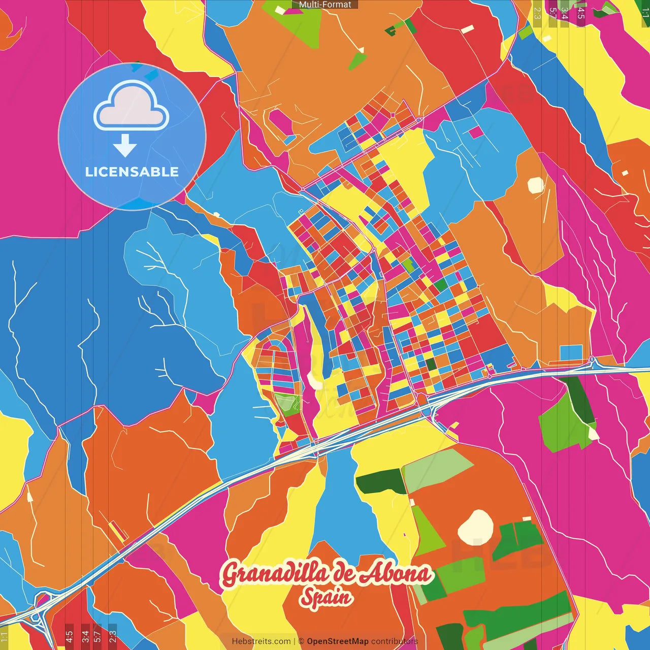 Granadilla de Abona, Santa Cruz de Tenerife, Spain Crazy Colorful Street Map Poster Template