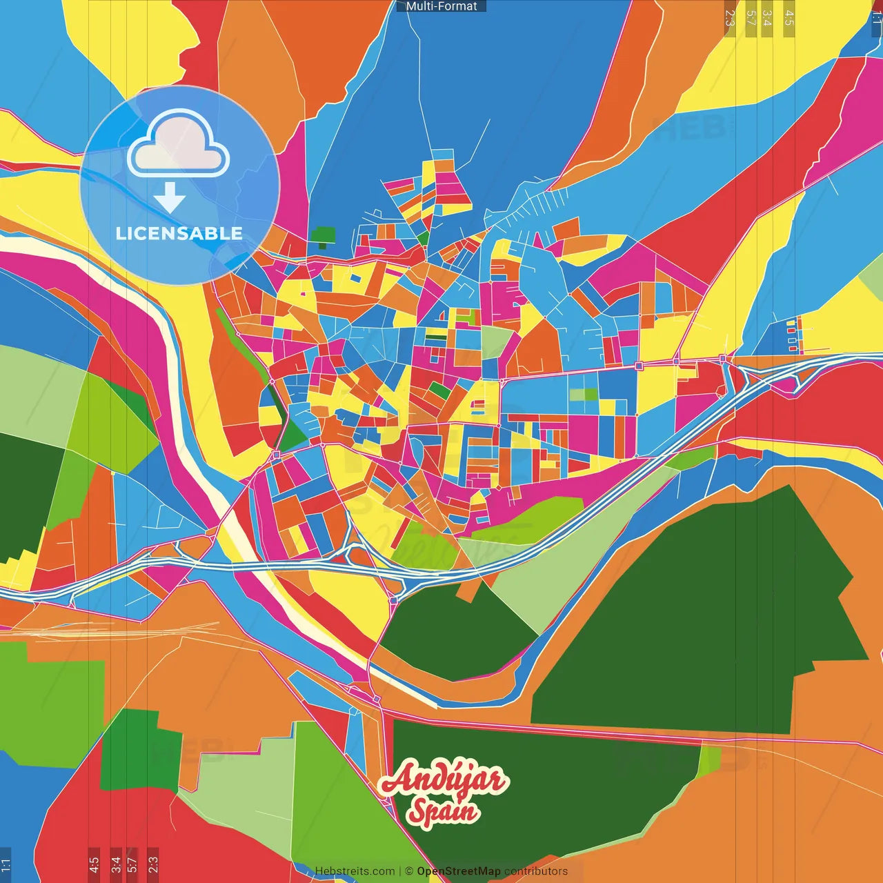 Andújar, Jaén, Spain Crazy Colorful Street Map Poster Template