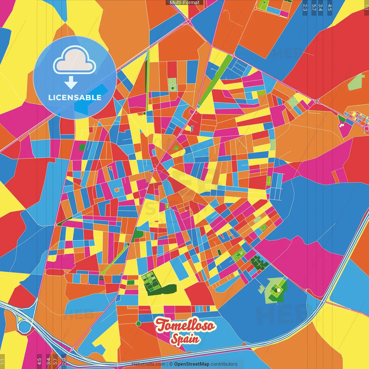 Tomelloso, 13700, Spain Crazy Colorful Street Map Poster Template