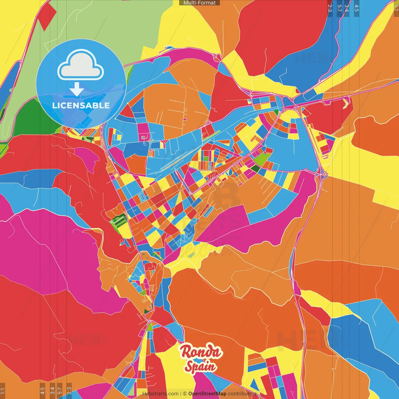 Ronda, Málaga, Spain Crazy Colorful Street Map Poster Template