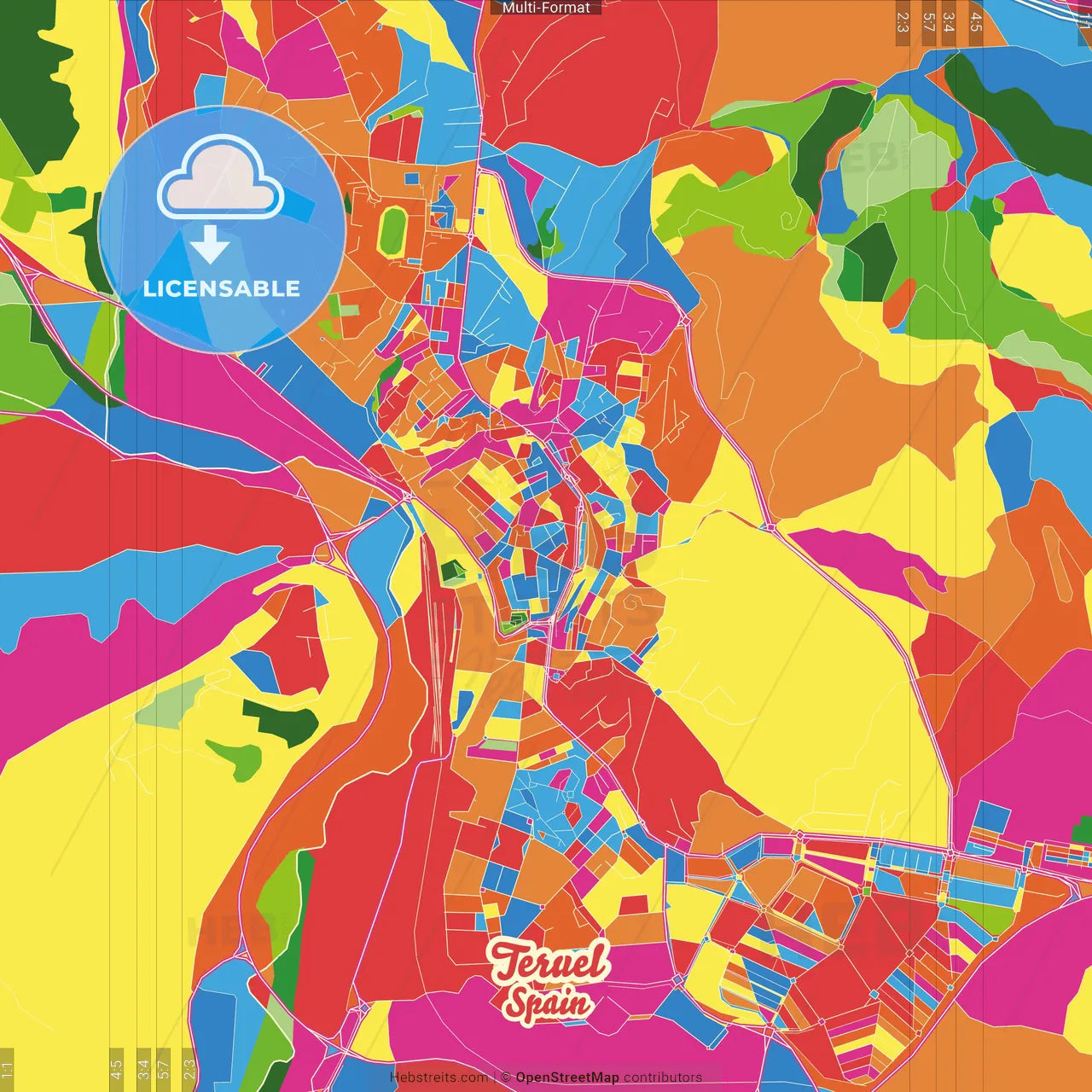 Teruel, Spain Crazy Colorful Street Map Poster Template