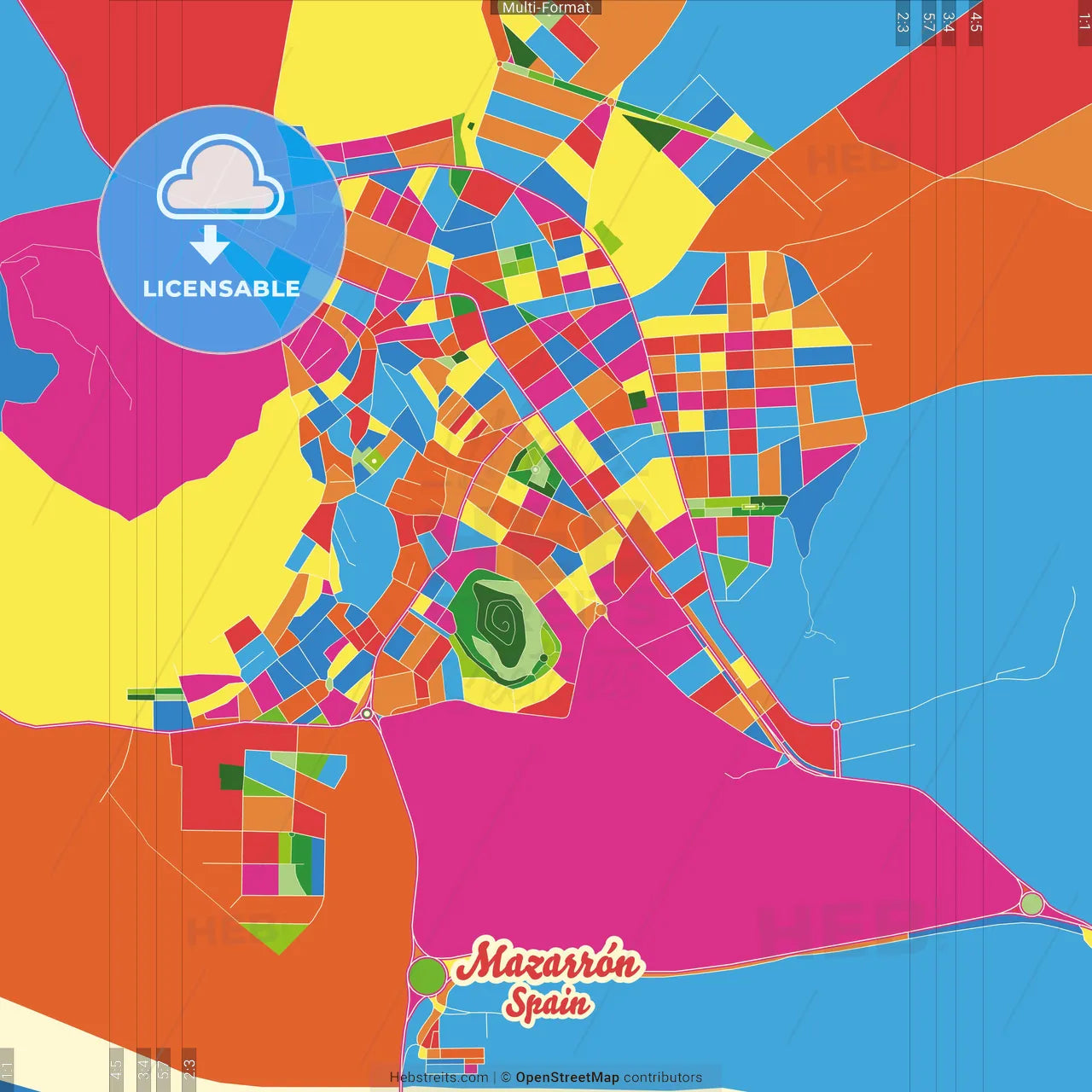 Mazarrón, Murcia, Spain Crazy Colorful Street Map Poster Template
