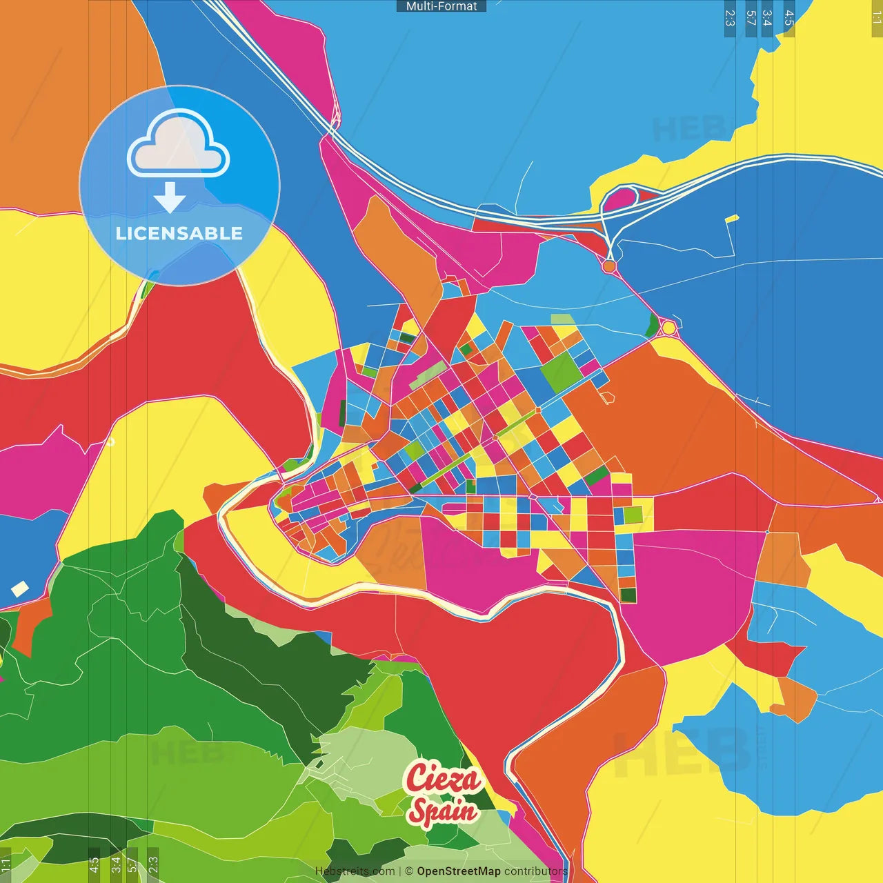 Cieza, Murcia, Spain Crazy Colorful Street Map Poster Template