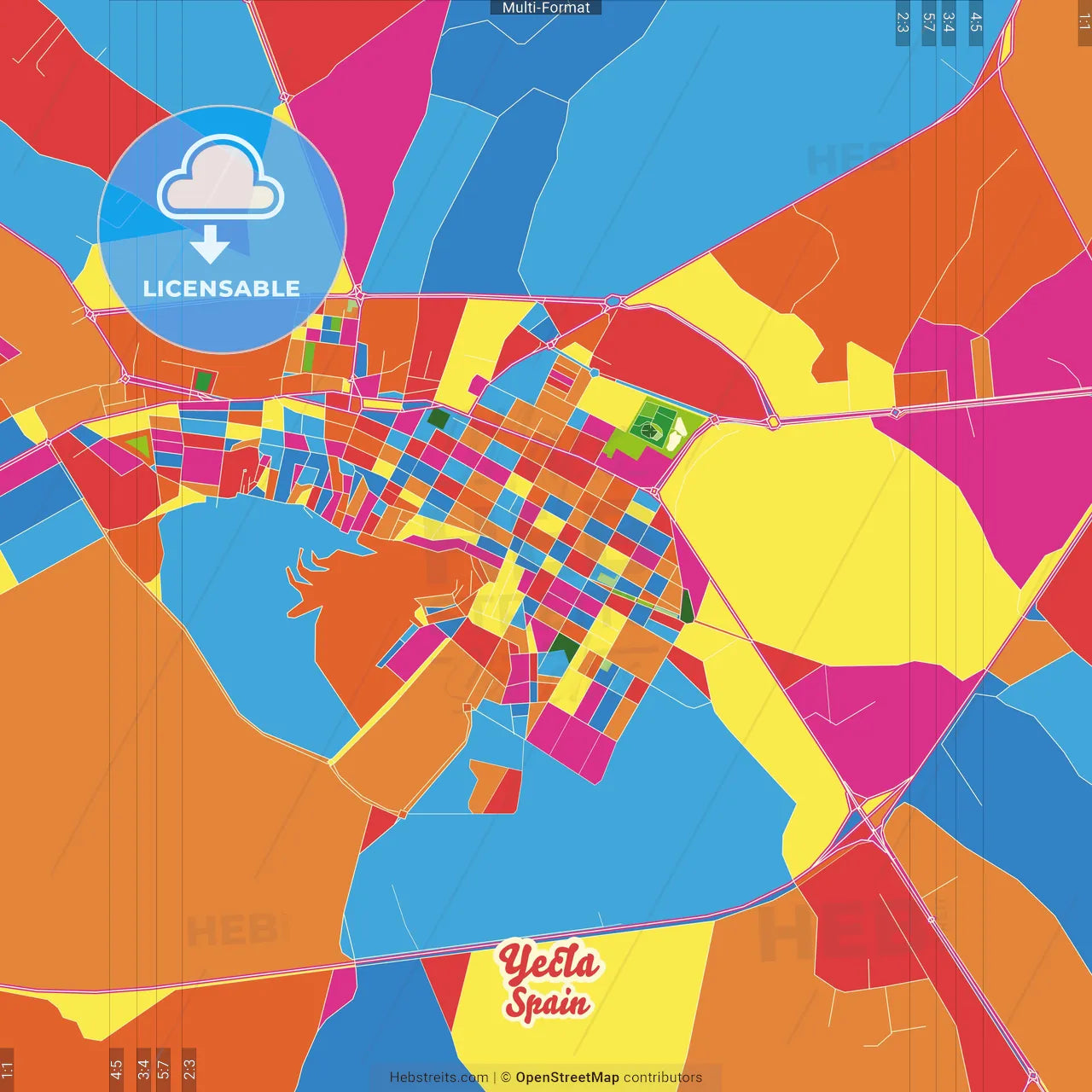 Yecla, Murcia, Spain Crazy Colorful Street Map Poster Template