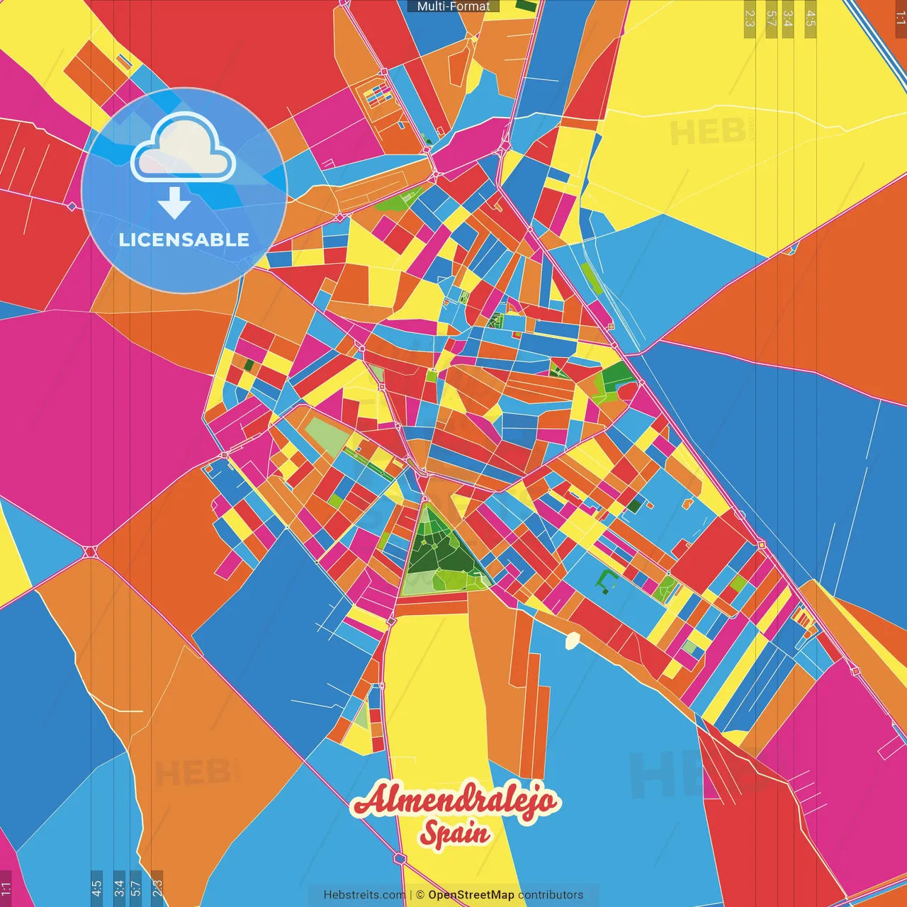 Almendralejo, Badajoz, Spain Crazy Colorful Street Map Poster Template