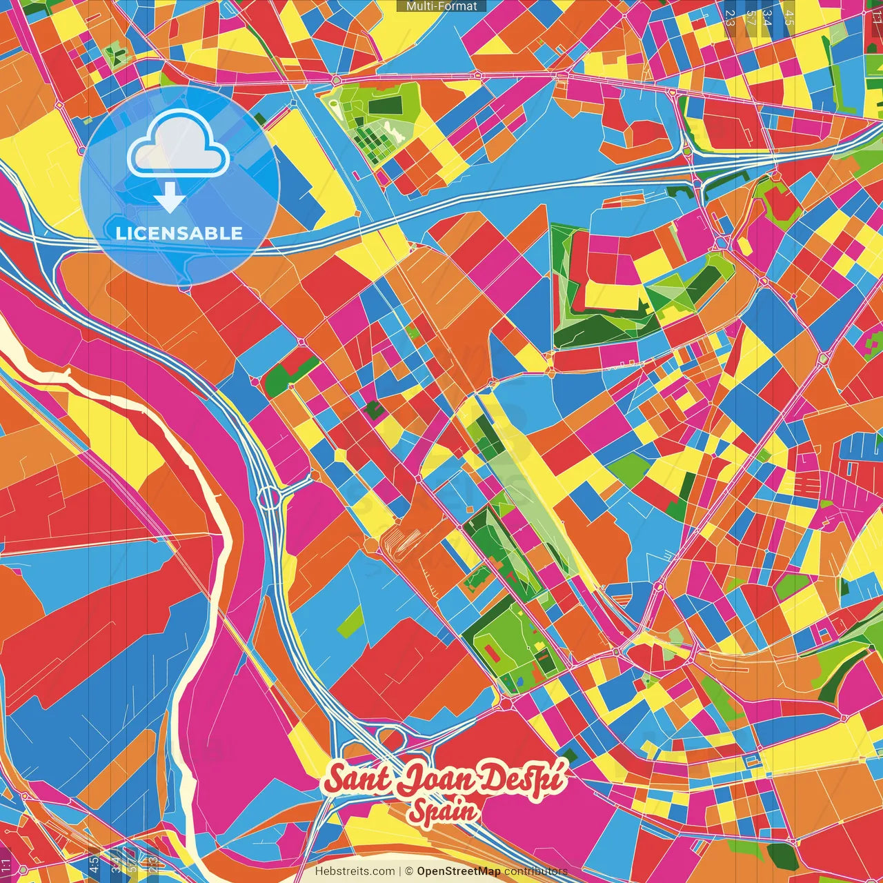 Sant Joan Despí, Barcelona, Spain Crazy Colorful Street Map Poster Template