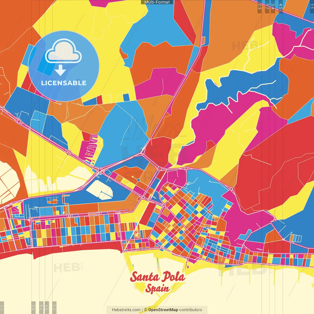Santa Pola, Alicante, Spain Crazy Colorful Street Map Poster Template