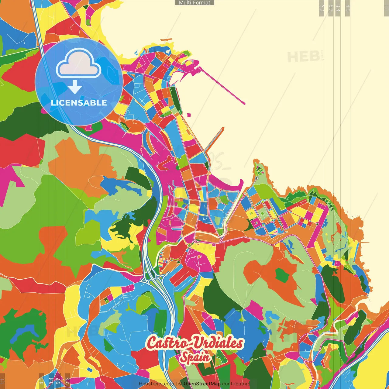Castro-Urdiales, Cantabria, Spain Crazy Colorful Street Map Poster Template