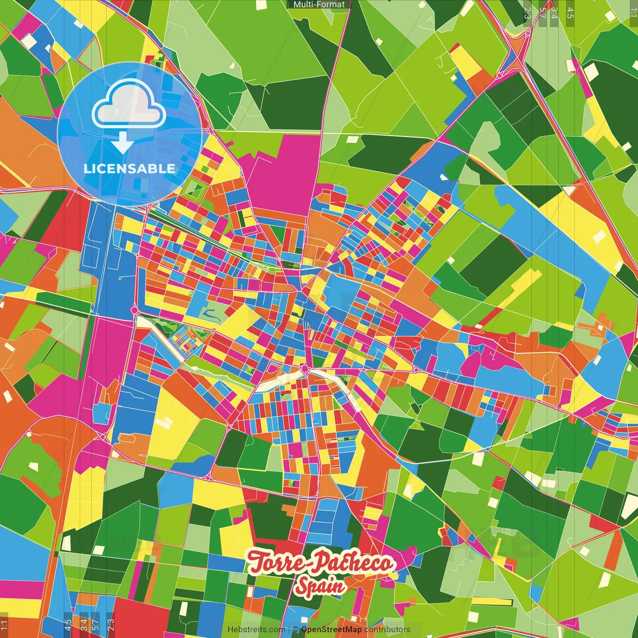 Torre-Pacheco, Murcia, Spain Crazy Colorful Street Map Poster Template