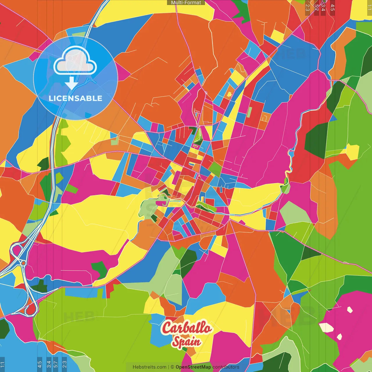 Carballo, A Coruña, Spain Crazy Colorful Street Map Poster Template