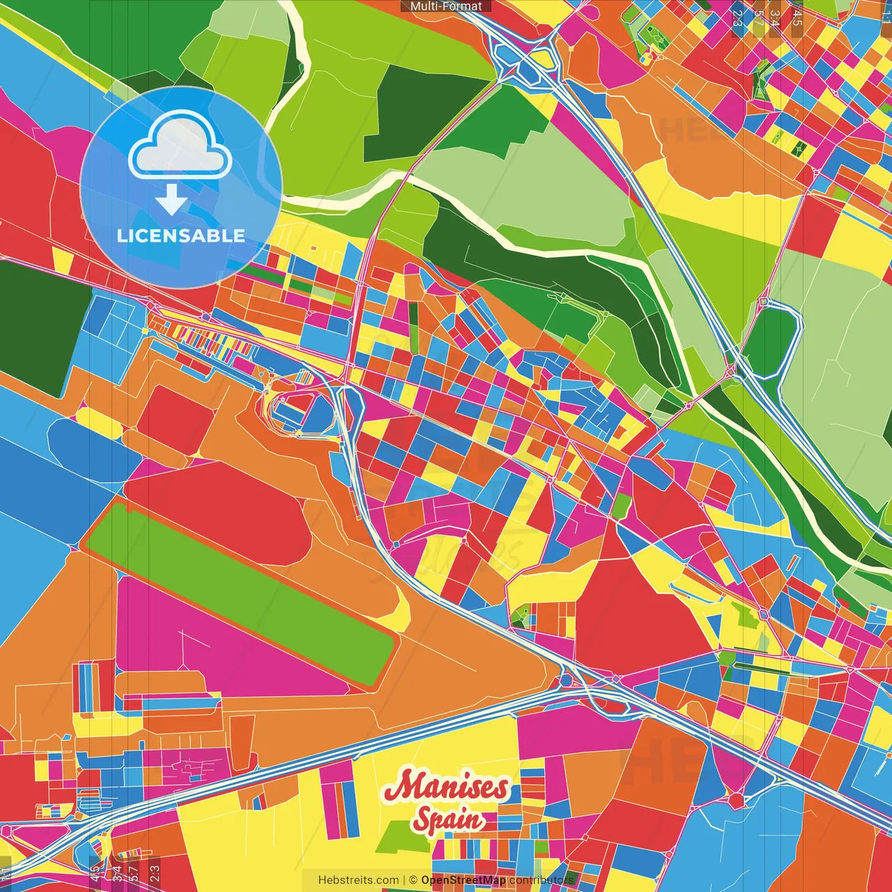 Manises, València, Spain Crazy Colorful Street Map Poster Template