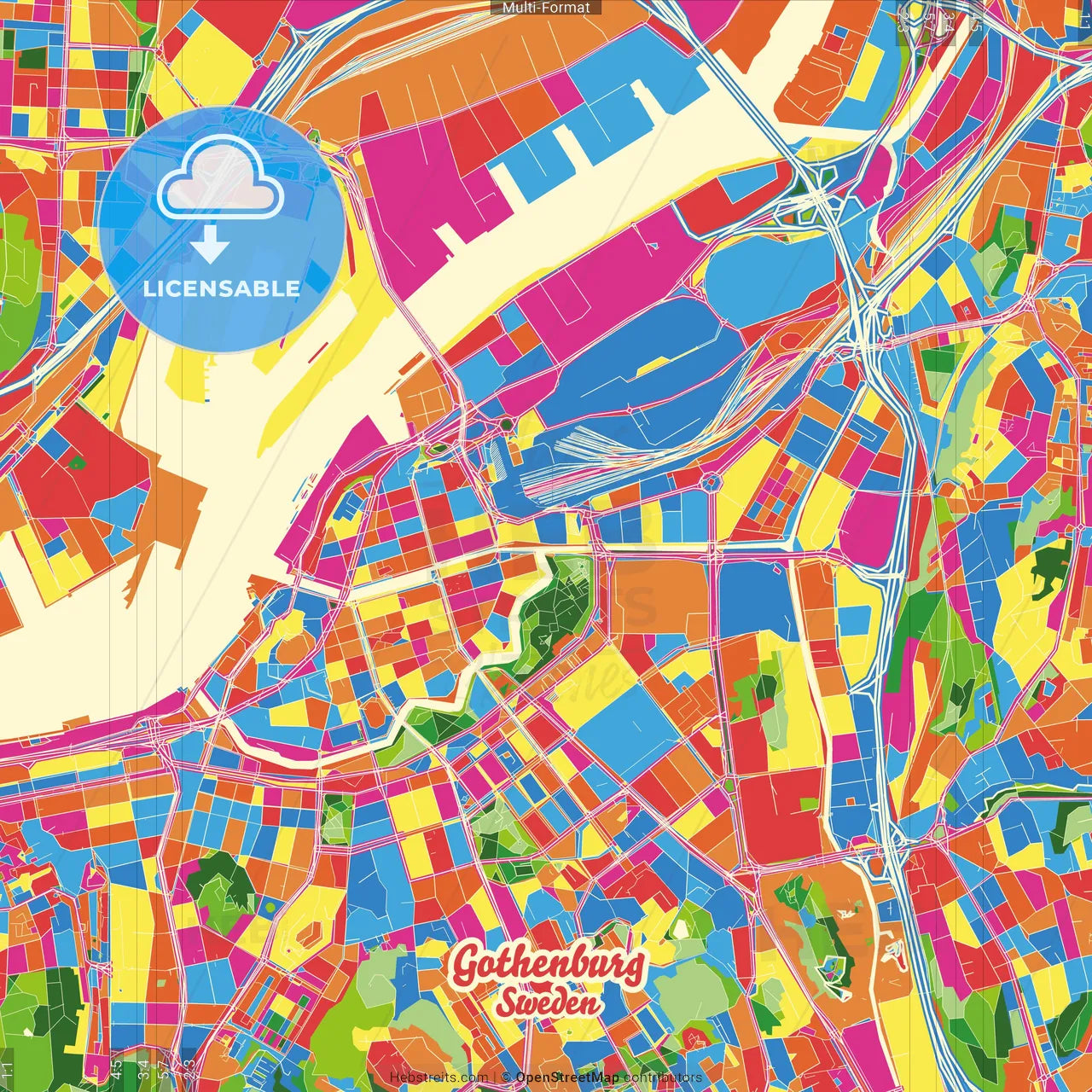 Gothenburg, Sweden Crazy Colorful Street Map Poster Template
