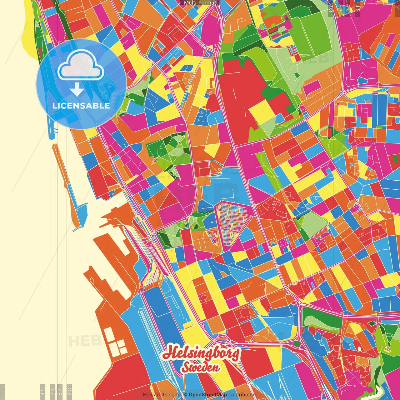 Helsingborg, Sweden Crazy Colorful Street Map Poster Template