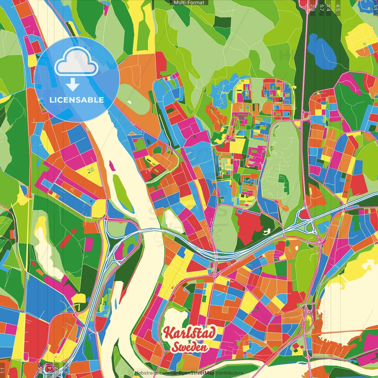 Karlstad, Sweden Crazy Colorful Street Map Poster Template