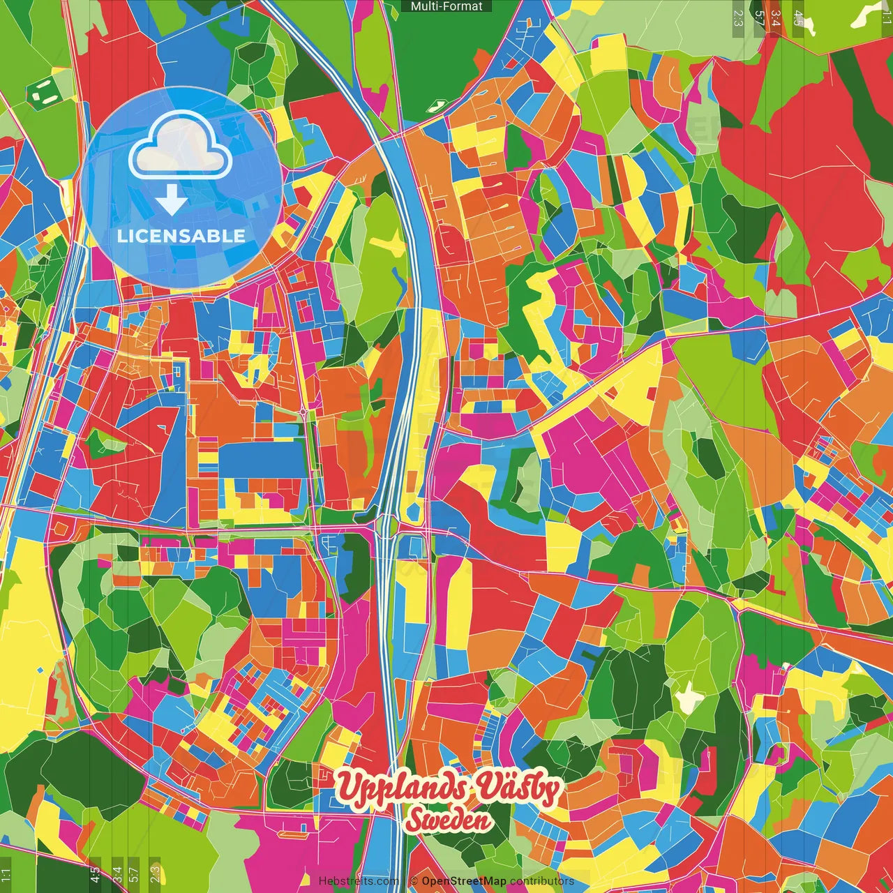 Upplands Väsby, Sweden Crazy Colorful Street Map Poster Template