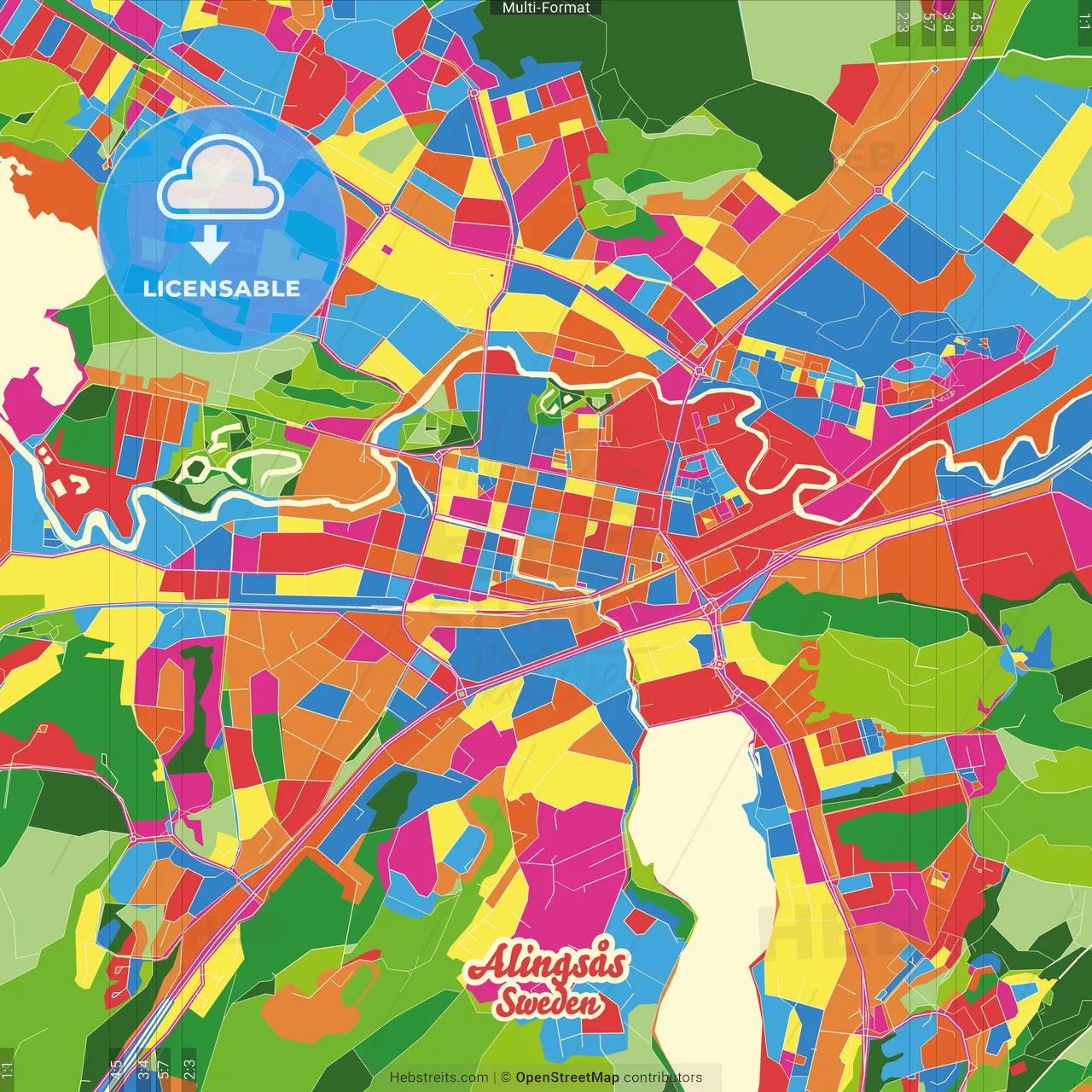Alingsås, Sweden Crazy Colorful Street Map Poster Template