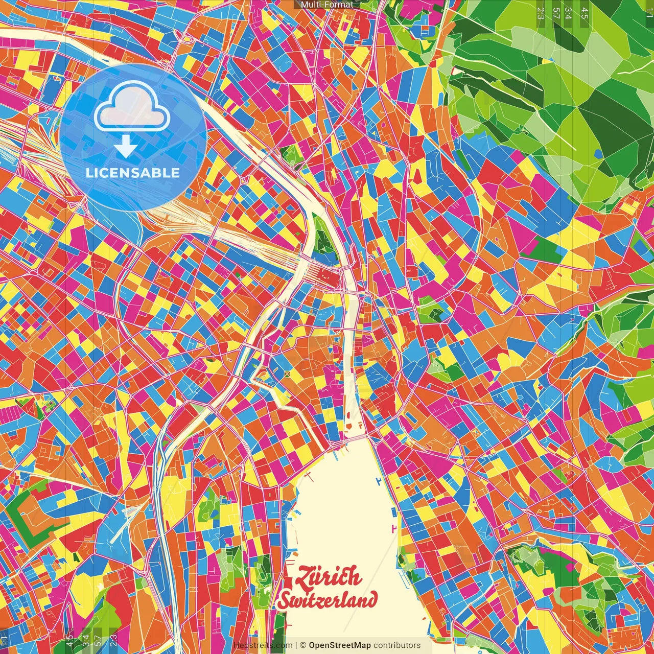 Zürich, Switzerland Crazy Colorful Street Map Poster Template